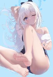 1girl absurdres blue_archive blue_bow blue_eyes blue_halo blue_one-piece_swimsuit blush bow d244 frilled_one-piece_swimsuit frills hair_between_eyes hair_bow halo high_ponytail highres long_hair looking_at_viewer miyako_(blue_archive) miyako_(swimsuit)_(blue_archive) one-piece_swimsuit open_mouth ponytail sidelocks simple_background solo swimsuit very_long_hair