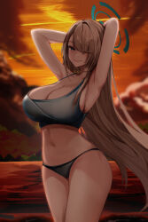 Rule 34 | 1girl, absurdres, alternate costume, armpits, arms behind head, asuna (blue archive), bikini, black bikini, blonde hair, blue archive, blue bikini, blue halo, blush, breasts, cleavage, eyes visible through hair, hair over one eye, halo, highres, long hair, looking at viewer, miisang47, navel, ocean, one eye closed, smile, solo, stomach, sunset, swimsuit, tongue, tongue out