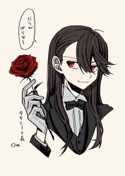 1girl alternate_costume alternate_hairstyle artist_name black_bow black_bowtie black_hair blush bow bowtie closed_mouth fate/grand_order fate_(series) flower formal_clothes gloves goma1021 hair_between_eyes highres holding holding_flower long_hair long_sleeves oda_nobunaga_(fate) oda_nobunaga_(koha-ace) petals red_eyes red_flower red_rose rose simple_background smile solo speech_bubble suit thorns upper_body white_background white_gloves