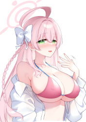 1girl ahoge bikini blue_archive blush bow braid breasts commentary_request green_eyes hair_between_eyes hair_bow halo hanako_(blue_archive) hanako_(swimsuit)_(blue_archive) highres large_breasts long_hair looking_at_viewer off_shoulder open_clothes open_mouth open_shirt pink_hair pink_nails red_bikini ringo_sui shirt side_braid simple_background solo swimsuit upper_body white_background white_bow white_shirt