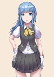 1girl absurdres black_vest blue_eyes blue_hair blush bow bowtie brown_background cowboy_shot gloves grey_vest hatsukaze_(kancolle) headgear highres hime_cut kantai_collection long_hair looking_at_viewer neckerchief onozuka_yuruo open_mouth pleated_skirt ribbon school_uniform shirt skirt smile solo vest white_gloves white_shirt yellow_bow yellow_bowtie yellow_neckerchief