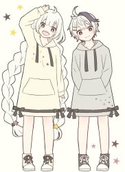 2girls :d alternate_costume androgynous arm_up black_bow bow braid commentary_request flower_(vocaloid) flower_(vocaloid4) full_body grey_eyes grey_hoodie hair_ornament hairclip hands_in_pockets head_tilt hood hoodie kizuna_akari long_hoodie looking_at_viewer low_twin_braids multiple_girls open_mouth parallel_hairclips purple_eyes purple_streaks shoes short_hair skc smile sneakers star_(symbol) twin_braids vocaloid white_background white_hair yellow_hoodie