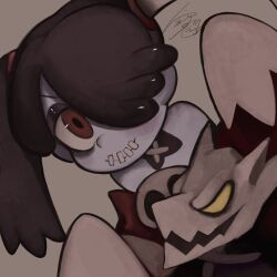 1girl blush brown_background colored_skin detached_collar detached_sleeves facing_viewer hair_over_one_eye highres leaning_forward leviathan_(skullgirls) looking_at_viewer purple_hair purple_skin raphusovo red_eyes side_ponytail skullgirls smile solo squigly_(skullgirls) stitched_mouth stitches striped_sleeves upper_body