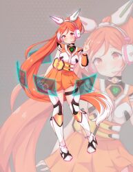 1girl absurdres armor blush boots breasts competition crunchyroll dress full_body grey_background harunyax3 headphones hexagon_print highres hime_(crunchyroll) long_hair medium_breasts orange_dress orange_eyes orange_hair panels pointing pointing_up ponytail skirt smile technology very_long_hair