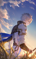 Rule 34 | 1boy, absurdres, antenna hair, armor, black shirt, blonde hair, blue cape, blue sky, cape, coat, commentary, english commentary, ere chip, from side, highres, holding, holding sword, holding weapon, honkai: star rail, honkai (series), male focus, pauldrons, phainon (honkai: star rail), profile, shirt, short hair, shoulder armor, side cape, single pauldron, sky, solo, sun print, sunlight, sword, twitter username, watermark, weapon, wheat field, white coat, white hair