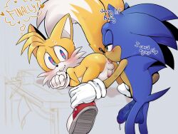 2boys anilingus animal_ears anus artist_request ass blue_eyes blue_fur english_text fox_boy fox_ears fox_tail furry furry_male furry_with_furry gloves green_eyes grey_background heart heart-shaped_pupils hedgehog_boy leg_grab male_focus multiple_boys multiple_tails nude penis precum red_shoes shoes shota sonic_(series) sonic_the_hedgehog speech_bubble sweat symbol-shaped_pupils tail tails_(sonic) testicles thought_bubble top-down_bottom-up two_tails uncensored veins veiny_penis white_gloves yaoi yellow_fur