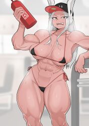 1girl abs absurdres animal_ears areola_slip arm_rest assha_(schector) bikini black_bikini black_hat blurry blurry_background blush boku_no_hero_academia bottle breasts collarbone commentary dark-skinned_female dark_skin fangs hand_up hat highleg highleg_bikini highres holding holding_bottle large_breasts long_eyelashes long_hair looking_at_viewer micro_bikini mirko muscular muscular_female navel obliques open_mouth parted_bangs rabbit_ears rabbit_girl red_eyes side-tie_bikini_bottom skindentation solo stomach sweat swimsuit teeth thick_thighs thighs white_hair