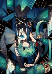 1boy anaxa_(honkai:_star_rail) aqua_hair arms_up eyepatch highres honkai:_star_rail honkai_(series) male_focus medium_hair merman monster_boy one_eye_covered solo suinian0708 upside-down