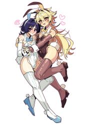 2boys :d absurdres aether_(genshin_impact) animal_ear_hairband animal_ears black_nails blonde_hair blue_bow blue_bowtie blue_hair blue_nails blue_shoes blush bow bowtie brown_gloves brown_leotard brown_shoes brown_thighhighs closed_mouth covered_navel detached_collar detached_sleeves elbow_gloves fake_animal_ears fingerless_gloves full_body genshin_impact gloves hairband haoro heart highres holding_hands hug latex latex_legwear leotard long_hair male_focus male_playboy_bunny messy_hair multiple_boys nail_polish open_mouth purple_eyes rabbit_ears rabbit_tail scaramouche_(genshin_impact) shoes short_hair simple_background smile tail thighhighs trap very_long_hair white_background white_gloves white_leotard white_thighhighs yellow_bow yellow_bowtie yellow_eyes