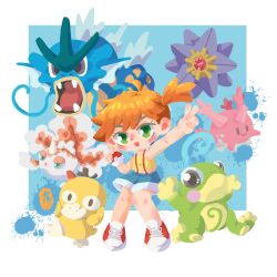 1girl :d asymmetrical_hair blue_shorts blush chibi corsola fangs gen_1_pokemon gen_2_pokemon goldeen green_eyes gyarados gym_leader highres holding holding_poke_ball looking_at_viewer misty_(pokemon) nintendo open_mouth orange_hair poke_ball poke_ball_(basic) pokemon pokemon_(anime) pokemon_(classic_anime) pokemon_rgby politoed ponytail psyduck shirt shoes short_hair shorts side_ponytail sleeveless sleeveless_shirt smile sneakers solo standing starmie suspender_shorts suspenders v yellow_shirt
