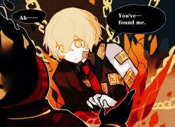 1boy 1other aislan black_gloves black_shirt blonde_hair chain dante_(limbus_company) e.g.o_(project_moon) english_text fire formal_clothes gloves limbus_company necktie project_moon red_necktie red_sheet_(e.g.o) shirt short_hair sigil sinclair_(project_moon) speech_bubble suit upper_body yellow_eyes