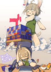 1girl :o ahoge animal_ears animal_hands animal_nose blue_shirt body_fur brown_hair can claws collared_shirt commentary_request computer_keyboard drawing_tablet dress drink_can eating energy_drink feral_lemma food food_in_mouth fork furry furry_female green_dress green_eyes highres holding holding_fork holding_stylus mouth_hold multiple_views noodles open_mouth original pinafore_dress red_bull shirt short_hair short_sleeves sleeveless sleeveless_dress spam_(food) stylus sweat tail teeth translation_request upper_teeth_only yellow_fur