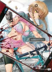 1girl absurdres amane_suzuha anger_vein angry bicycle bike_shorts blood blood_splatter blue_panties blush braid breasts brown_hair bullet buttons cameltoe cleavage_cutout clothing_cutout clothing_request double-breasted firing firing_at_viewer gluteal_fold green_eyes groin groin_tendon gun head_tilt high_heels highres ikeda_yasuhiro jacket long_hair looking_at_viewer medium_breasts navel nurse official_art open_mouth panties riding riding_bicycle shoes short_sleeves smoke smoking_barrel solo spread_legs steins;gate thick_thighs thighhighs thighs tongue track_jacket twin_braids underwear weapon white_shoes white_thighhighs x-ray x-ray_phone x-ray_vision zettai_ryouiki zipper zipper_pull_tab
