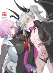 2girls absurdres black_cloak black_hands blush body_markings breasts cloak colored_extremities demon_girl demon_horns demon_wings dress fate/grand_order fate_(series) glasses hair_over_one_eye highres horns large_breasts lilith_(fate) lilith_(second_ascension)_(fate) long_hair long_sleeves mash_kyrielight multiple_girls navel pointy_ears purple_eyes short_hair stomach_tattoo tattoo tetsu_no_samurai wings