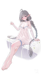 1girl absurdres ahoge azur_lane babydoll bare_shoulders barefoot blush braid breasts cleavage closed_mouth evertsen_(azur_lane) evertsen_(basking_by_the_window)_(azur_lane) grey_hair hand_up highres large_breasts long_hair looking_at_viewer low_twin_braids official_alternate_costume ping_zhong_yu pointy_ears purple_eyes simple_background sitting smile solo toes twin_braids very_long_hair white_babydoll white_background