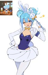 Rule 34 | 1girl, ;d, animal ear hairband, animal ears, armband, blue armband, blue eyes, blue hair, blue leotard, bow, bowtie, breasts, center-flap bangs, cleavage, collarbone, cookie run, cookie run: tower of adventures, cowboy shot, cream soda cookie, cream soda cookie (magical soda), detached collar, double-parted bangs, double bun, fake animal ears, fake tail, game screenshot inset, gloves, hair between eyes, hair bun, hairband, half gloves, hand on own hip, highres, holding, holding wand, humanization, jacket, leotard, miniskirt, official alternate costume, official alternate hair length, official alternate hairstyle, ohta guk hip, one eye closed, open clothes, open jacket, open mouth, orange bow, orange bowtie, pantyhose, playboy bunny, pleated skirt, protected link, rabbit ear hairband, rabbit ears, rabbit tail, raised eyebrow, reference inset, short hair, simple background, skirt, small breasts, smile, solo, standing, star (symbol), strapless, strapless leotard, tail, teeth, traditional bowtie, upper teeth only, wand, white background, white gloves, white hairband, white jacket, white pantyhose, white skirt, white tail