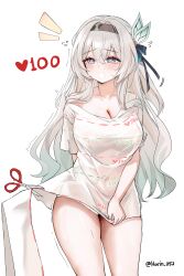 1girl absurdres blush breasts cleavage covered_erect_nipples covered_navel cowboy_shot cut-here_line cutting_clothes firefly_(honkai:_star_rail) floating floating_object harin_05 highres honkai:_star_rail honkai_(series) large_breasts looking_at_viewer naked_shirt purple_eyes scissors see-through_clothes shirt smile solo surprised thighs twitter_cutting_game twitter_strip_game wet wet_clothes wet_shirt white_background white_hair white_shirt