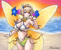 1girl alternate_costume beach bikini breasts cleavage commission drill_hair fairy_wings fire_emblem fire_emblem_heroes flower flower_ornament grimaisbestwaifu hair_flower hair_ornament highres looking_at_viewer medium_breasts navel nintendo ocean outdoors peony_(fire_emblem) pointy_ears purple_eyes ribbon-trimmed_bikini ribbon_trim short_bangs smile solo swimsuit twin_drills white_bikini wings