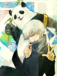 2boys animal_ears armband artist_name black_fur black_jacket co-li_star commentary_request facial_mark fangs holding_bamboo_shoot inumaki_toge jacket jujutsu_kaisen looking_at_viewer multicolored_fur multiple_boys open_mouth panda_(jujutsu_kaisen) panda_boy panda_ears smile v white_fur white_hair
