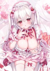 1girl blush bow breasts cleavage cream dress food frilled_dress frills fruit hair_between_eyes hair_ornament headdress large_breasts long_hair looking_at_viewer mitsuba_choco open_mouth original pink_dress red_eyes ribbon solo strawberry thighhighs twintails very_long_hair white_hair white_thighhighs wrist_cuffs