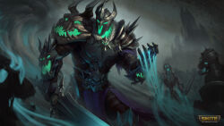 Rule 34 | 4boys, absurdres, armor, copyright name, ghost, glowing, glowing eyes, helmet, highres, king arthur (deathbringer) (smite), king arthur (smite), logo, magic, multiple boys, official art, smite, sword, weapon