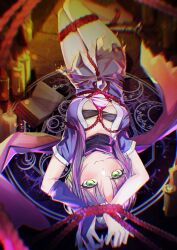 1girl :3 absurdres arms_up barefoot black_hair black_scarf blue_bridal_gauntlets blue_kimono blurry blush book bound bound_ankles bound_legs bound_wrists breasts bridal_gauntlets candle chromatic_aberration closed_mouth commentary depth_of_field eyelashes eyes_visible_through_hair forehead_protector foreshortening full_body green_eyes hair_between_eyes highres hitachi_mako japanese_clothes kimono kinnoyuki large_breasts legs_together long_scarf looking_at_viewer lying magic_circle ninja nipple_slip nipples on_back on_magic_circle open_book red_scarf scarf senren_banka shibari short_hair_with_long_locks short_kimono short_sleeves single_bridal_gauntlet smile smug solo split_mouth thighs torn_clothes torn_kimono two-sided_scarf upside-down variant_set
