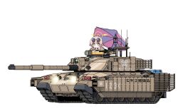 1girl absurdres bare_shoulders blue_archive blush_stickers caterpillar_tracks eyewear_on_head fv4034_challenger_2 halo hifumi_(blue_archive) hifumi_(swimsuit)_(blue_archive) highres hrna long_hair looking_at_viewer low_twintails military military_vehicle motor_vehicle official_alternate_costume on_tank parasol simple_background solo tank twintails umbrella white_background yellow_halo