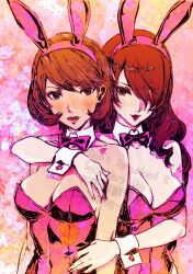 2girls absurdres animal_ears bare_arms bow bowtie breasts brown_hair highres kirijou_mitsuru large_breasts leotard lipstick makeup multiple_girls oeilvert_fft open_mouth persona persona_3 pink_background playboy_bunny rabbit_ears red_eyes red_hair red_lips takeba_yukari