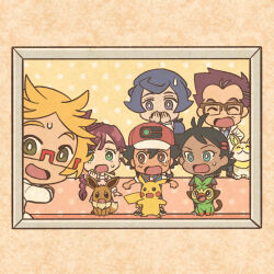 2girls 4boys :3 antenna_hair ash_ketchum black_hair blonde_hair blue_eyes blue_hair braid bright_pupils brown-framed_eyewear brown_eyes cerise_(pokemon) chibi chloe_(pokemon) chrysa_(pokemon) clenched_hand closed_eyes commentary_request covering_own_mouth dark-skinned_male dark_skin dot_nose eevee eyelashes fangs gen_1_pokemon gen_8_pokemon glasses goh_(pokemon) green_eyes grey_shirt grookey hat jacket lab_coat long_hair mojacookie multiple_boys multiple_girls nintendo official_alternate_costume official_art open_clothes open_jacket open_mouth overalls pikachu pokemon pokemon_(anime) pokemon_(creature) pokemon_journeys ponytail red-framed_eyewear red_hair red_hat ren_(pokemon) second-party_source shirt single_braid smile standing surprised sweatdrop white_jacket white_pupils yamper