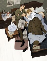2boys apple apple_slice bedroom belt black_shoes blanket blonde_hair bowl breast_pocket brown_belt brown_hair brown_hat brown_pants bucky_barnes buttons captain_america:_the_first_avenger captain_america_(series) carpet chest_of_drawers chive closed_eyes closed_mouth collared_shirt crossed_arms cup dated drawing_(object) envelope fingernails floor food fruit green_shirt grey_necktie handkerchief hat highres indoors jacket long_sleeves lying male_focus marvel marvel_cinematic_universe military_hat military_jacket military_uniform multiple_boys necktie newspaper on_bed on_chair on_side pants pencil photo_(object) picture_frame pillow plate pocket poster_(object) shirt shoes short_hair sitting sketchbook sleeping smile steve_rogers table unworn_hat unworn_headwear unworn_shoes water white_shirt