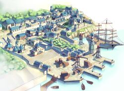 artist_request boat city crane_(machine) day dock highres house in-universe_location no_humans official_art outdoors palm_tree pickaxe pier port ragnarok_online scenery ship tower tree watercraft