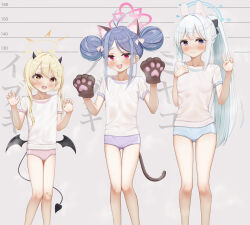 Rule 34 | 3girls, absurdres, alternate costume, animal ears, animal hands, atelier rinoaex, bandaid, bandaid on knee, bandaid on leg, black horns, black tail, black wings, blue archive, blue buruma, blue hair, blue halo, blush, breasts, brown eyes, buruma, cat ears, cat tail, claw pose, closed mouth, collarbone, commentary request, demon girl, demon horns, demon wings, double bun, fake animal ears, fake tail, feet out of frame, fubuki (blue archive), gloves, gym uniform, hair bun, hair ornament, hairclip, halo, heart, heart hair ornament, highres, horns, ibuki (blue archive), long hair, miyako (blue archive), multiple girls, open mouth, paw gloves, pink buruma, pink eyes, pink halo, purple buruma, purple eyes, rabbit ears, short hair, short sleeves, side ponytail, small breasts, tail, teeth, upper teeth only, v, variant set, very long hair, wings, yellow halo