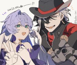 1boy 1girl :d artist_name bare_shoulders black_hair black_hat black_jacket blue_hair blush boothill_(honkai:_star_rail) bullet_earrings commentary cowboy_hat detached_sleeves dress earrings gloves green_eyes grey_eyes gyaru_v hair_between_eyes hair_over_one_eye hand_on_own_chest hat head_wings highres honkai:_star_rail honkai_(series) jacket jewel_under_eye jewelry kon_(konkon_1011) long_hair looking_at_viewer mechanical_arms mole mole_under_eye multicolored_hair multiple_moles necklace no_halo open_mouth paper_texture purple_sleeves red_pupils robin_(honkai:_star_rail) sharp_teeth short_sleeves simple_background smile split-color_hair strapless strapless_dress teeth translation_request twitter_username two-tone_hair upper_body v white_background white_dress white_gloves white_hair white_wings wings zipper zipper_pull_tab