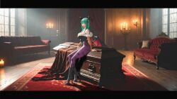 1girl absurdres animal_print bat_print black_boots black_leotard boots breasts candelabra candle candlestand casket cleavage couch darkstalkers demon_girl demon_wings draw_and_erase full_body green_eyes green_hair head_wings high_heels highres indoors large_breasts leotard looking_at_viewer low_wings morrigan_aensland pantyhose print_pantyhose purple_pantyhose sitting solo wings