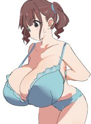 1girl arms_behind_back black_eyes blue_bra blue_panties blush bra breasts brown_hair cleavage closed_mouth collarbone commentary_request cowboy_shot furrowed_brow highres huge_breasts original osakana_(kitasisn) panties revision short_twintails sidelocks simple_background solo sugimori_futaba_(osakana) sweatdrop tareme twintails underwear underwear_only wavy_hair white_background worried