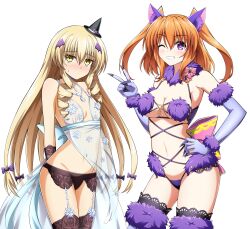Rule 34 | 2girls, animal ears, artoria pendragon (fate), artoria pendragon (lancer alter) (fate), artoria pendragon (royal icing) (fate), artoria pendragon (royal icing) (fate) (cosplay), babydoll, black garter belt, black panties, black thighhighs, blonde hair, breasts, chantez apinion, choker, cosplay, elbow gloves, embarrassed, fabia crozelg, fate/grand order, fate (series), flat chest, fur-trimmed gloves, fur-trimmed legwear, fur bikini, fur collar, fur trim, garter belt, gloves, hair between eyes, halloween costume, highres, jewelry, lace, lace-trimmed legwear, lace trim, lingerie, long hair, looking at viewer, lyrical nanoha, mahou shoujo lyrical nanoha vivid, mash kyrielight, mash kyrielight (dangerous beast), mash kyrielight (dangerous beast) (cosplay), medium breasts, medium hair, multiple girls, navel, necklace, o-ring, o-ring top, one eye closed, orange hair, oshimaru026, panties, purple eyes, purple gloves, purple thighhighs, revealing clothes, see-through clothes, smile, snowflake print, thighhighs, twintails, underwear, v, very long hair, wolf ears, yellow eyes