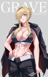 1girl abs absurdres bag bikini black_bikini black_jacket black_pants blonde_hair blue_eyes breasts character_name cleavage closed_mouth collar collarbone commentary cowboy_shot dated formal_clothes goddess_of_victory:_nikke grave_(beautiful_you)_(nikke) grave_(nikke) groin hair_between_eyes hand_on_own_hip highleg highleg_bikini highres holding holding_bag jacket jacket_on_shoulders large_breasts long_hair looking_at_viewer metal_collar multiple_scars navel necklace_between_breasts no_eyewear official_alternate_costume pants pinstripe_jacket pinstripe_pants pinstripe_pattern pinstripe_suit ponytail scar scar_on_stomach short_ponytail sidelocks signature solo standing stomach suit super_bee swimsuit