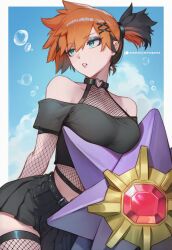 1girl alternate_costume asymmetrical_hair bare_shoulders belt black_hair black_skirt breasts bubble choker crop_top eyeshadow female_focus fishnet_thighhighs fishnets gen_1_pokemon green_eyes gym_leader hair_ornament hairclip heart highres jewelry large_breasts looking_to_the_side makeup midriff misty_(pokemon) multicolored_hair navel nintendo orange_hair parted_lips pleated_skirt pokemon pokemon_(anime) pokemon_(classic_anime) pokemon_rgby ponytail setsuaiart shirt short_hair shorts side_ponytail skirt sky solo starmie thighhighs thighs x_hair_ornament