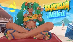 2girls absurdres anklet aqua_bikini artist_logo artist_name beach_towel beach_umbrella bead_necklace beads bikini bikini_under_clothes blue_sky boombox bracelet brazilian_miku breasts can character_name crop_top day drink_can earrings feet flip-flops foot_focus foreshortening full_body green_eyes green_hair green_nails hair_intakes hatsune_miku highres holding hoop_earrings jewelry logo long_hair mohoshadream multiple_girls nail_polish navel necklace off_shoulder open_fly outdoors sandals shadow shirt sitting sky solo_focus swimsuit tan toenail_polish toenails toes towel twintails umbrella underboob very_long_hair vocaloid yellow_shirt