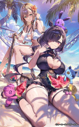 Rule 34 | 2girls, antje moltke, atelier (series), atelier resleriana, beach, bikini, black hair, black one-piece swimsuit, blonde hair, blue eyes, breasts, character request, cleavage, gesoking, highres, kneeling, large breasts, long hair, multiple girls, ocean, official art, one-piece swimsuit, palm tree, purple eyes, sand, swimsuit, tree, water, watermark, white bikini