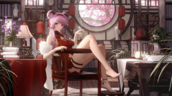 1girl absurdres alternate_costume animal_ear_fluff animal_ears anklet arknights barefoot blush bonsai book bookshelf breasts chair china_dress chinese_clothes cleavage cleavage_cutout clock closed_mouth clothing_cutout commentary_request cup desk_lamp dress earrings eyelashes feather_boa feet flower full_body hair_between_eyes hair_intakes hairband highres holding holding_cup indoors jewelry lamp lantern light_smile lin_(arknights) ling_dianxia long_hair looking_at_viewer medium_breasts mouse_ears navel navel_cutout on_chair paper_lantern pink_hair plant potted_plant purple_eyes red_dress red_hairband round_window scroll shelf sidelocks single_earring sitting sleeveless sleeveless_dress smile solo table tassel tassel_earrings thigh_strap toes tree vase window