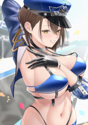 1girl aiguillette arm_behind_head arm_up armpits azur_lane baltimore_(azur_lane) baltimore_(finish_line_flagbearer)_(azur_lane) bikini black_bikini black_choker black_gloves blue_bikini blue_hat blue_jacket blue_shorts blue_sky blue_sleeves blush braid breasts brown_hair chest_harness choker cleavage collarbone commentary cowboy_shot cropped_jacket day detached_sleeves gloves grin groin hair_between_eyes hakumai_kaname harness hat highleg highleg_bikini jacket large_breasts looking_at_viewer micro_shorts mismatched_bikini navel official_alternate_costume outdoors peaked_cap presenting_armpit race_queen racetrack short_hair shorts sidelocks single_bare_shoulder single_detached_sleeve single_sleeve sky smile solo standing stomach sweat swimsuit teeth twitter_username watermark yellow_eyes