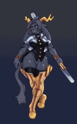 1girl akuxen animal_ears animal_nose black_shirt blue_eyes bottomless breasts buttons contrapposto furry furry_female grey_fur highres horns large_breasts no_panties no_pants pseudoregalia rabbit_ears shirt simple_background sybil_(pseudoregalia) tail thick_eyebrows weapon wide_hips