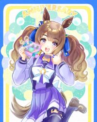 Rule 34 | 1girl, animal ears, blue eyes, blush, breasts, brown hair, chiffon, chocolate, collarbone, fingernails, gift, hair between eyes, hair ornament, horse ears, horse girl, horse tail, leg up, long hair, medium breasts, open mouth, pointing, school uniform, solo, tail, thighhighs, tosen jordan (umamusume), tracen school uniform, twintails, umamusume