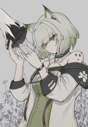 Rule 34 | 01252574, 2girls, absurdres, animal ear fluff, animal ears, arknights, bare shoulders, chinese commentary, closed mouth, commentary request, dress, green dress, green eyes, green hair, grey background, halterneck, highres, holding hands, jewelry, kal&#039;tsit (arknights), looking at hand, material growth, multiple girls, off shoulder, oripathy lesion (arknights), out of frame, ring, short hair, skeleton, skeleton hands, solo focus, theresa (arknights), watch, white dress, wristwatch