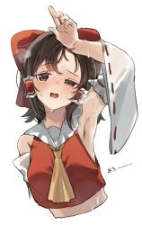 1girl arm_up armpits ascot blush bow breasts brown_eyes brown_hair collared_shirt commentary_request cropped_torso detached_sleeves frilled_hair_tubes frills hair_tubes hakurei_reimu higa_(gominami) highres hot long_sleeves looking_at_viewer medium_breasts medium_hair midriff open_mouth red_bow red_shirt ribbon-trimmed_sleeves ribbon_trim shirt sleeveless sleeveless_shirt solo sweat touhou upper_body white_background white_sleeves wide_sleeves yellow_ascot
