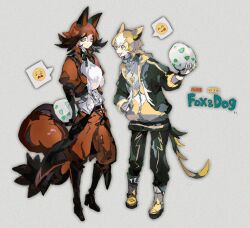 2boys animal_ears bags_under_eyes belt black_footwear black_gloves black_hair black_pants blonde_hair boltund boots brown_shorts dog_ears egg emoji gen_8_pokemon gloves hair_between_eyes hand_in_pocket holding holding_egg jacket jewelry kantarou_(8kan) lightning_bolt_symbol medium_hair multicolored_hair multiple_boys necklace nintendo pants personification pokedex_number pokemon pokemon_egg shorts spoken_expression tail thievul tongue tongue_out two-tone_hair white_gloves yellow_boots yellow_eyes