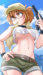 1girl absurdres belt black_choker blue_sky breasts brown_belt brown_eyes brown_hair brown_hat brown_vest choker closed_mouth commentary covered_erect_nipples cowboy_shot crop_top day english_commentary field_cap fio_germi glasses green_shorts gun hand_on_own_hip handgun hat highres holding holding_gun holding_weapon laz_gm looking_to_the_side medium_breasts metal_slug navel paid_reward_available round_eyewear short_shorts shorts sky smile solo stomach tank_top trigger_discipline underboob vest weapon white_tank_top wristband