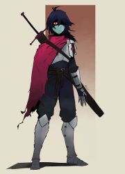 1other aged_up antenna_hair armor artist_name belt black_belt blue_hair blue_skin breastplate cape colored_skin commentary deltarune english_commentary expressionless facial_hair full_body gauntlets goatee_stubble greaves hair_between_eyes heart heart_print highres kris_(dark_world)_(deltarune) kris_(deltarune) looking_at_viewer mechamichal medium_hair one_eye_in_shadow pink_cape red_eyes sabaton shaded_face shoulder_strap solo stubble sword sword_on_back two-tone_background weapon weapon_on_back