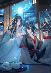 Rule 34 | 2boys, absurdres, ahoge, an d 01, architecture, bare tree, bishounen, black hair, black hanfu, branch, chinese clothes, choko (cup), cloak, closed mouth, clothes blanket, cloud, collarbone, couple, cup, dressing another, east asian architecture, floating hair, full moon, fur-trimmed cloak, fur trim, grey eyes, hair between eyes, hair ribbon, hanfu, hanging lantern, headband, high ponytail, highres, holding, holding cup, holding unworn clothes, lan wangji, lattice, long hair, long sleeves, looking at another, male focus, modao zushi, moon, multiple boys, night, night sky, on floor, outdoors, plate, ponytail, red ribbon, red sash, ribbon, robe, sash, sidelocks, sitting, sky, sleeves past wrists, smile, snow, snow rabbit, snowing, tassel, topknot, tree, wei wuxian, white cloak, white hanfu, white headband, wide sleeves, winter, winter clothes, wooden floor, xiao guan (headdress), yaoi, yellow eyes